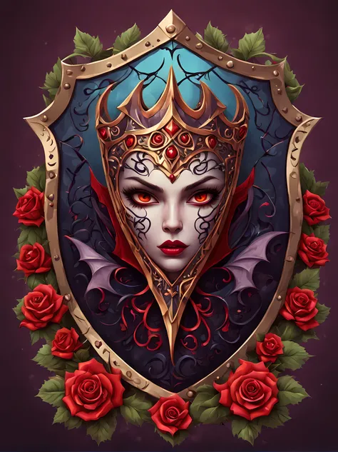 Masterpiece in maximum 16K resolution, cute colorful cartoon style with bold lines), a fantasy art illustration featuring a giant magical shield that has a single image of a vampire queen on it, the shield also has complex rich gothic patterns adorned with...