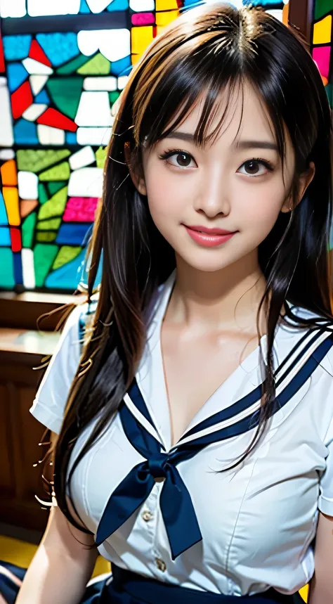 (((Draw only one woman: 2)))、18 year old beautiful Japanese woman、(A high school girl wearing a sailor uniform with short sleeves and a ribbon: 1.5)、(Japan&#39;s strict girls&#39; school sailor suit)、( High school girl sitting in the church pew: 1.2)、(Beau...