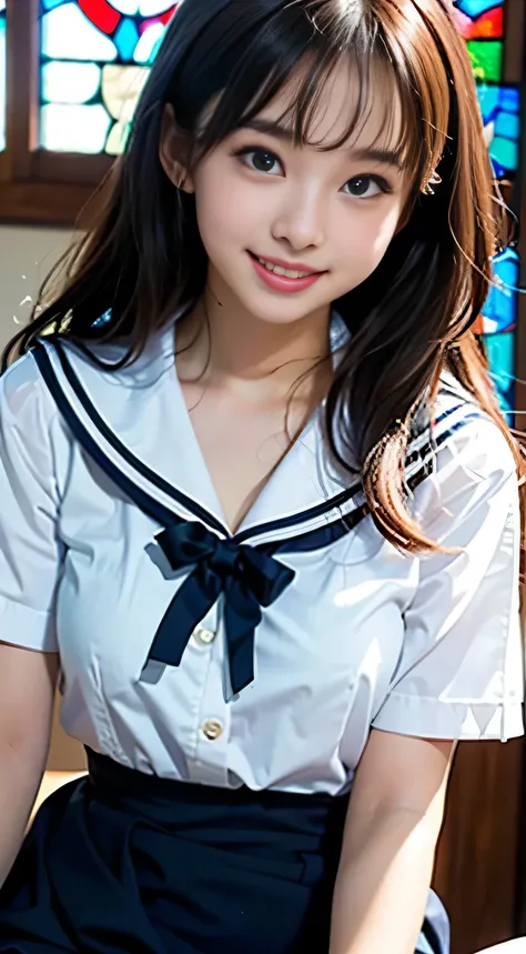 (((Draw only one woman: 2)))、18 year old beautiful Japanese woman、(A high school girl wearing a sailor uniform with short sleeves and a ribbon: 1.5)、(Japan&#39;s strict girls&#39; school sailor suit)、( High school girl sitting in the church pew: 1.2)、(Beau...