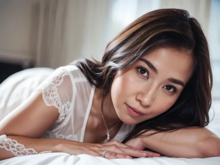 in 8K、Raw photography、Highest Quality、realisitic、Photorealsitic、Professional Lighting、​masterpiece、Very delicate and beautiful woman).A woman lies on her side with her chin resting on the bed, staring at me at night.Wearing obscene black lingerie and a bla...