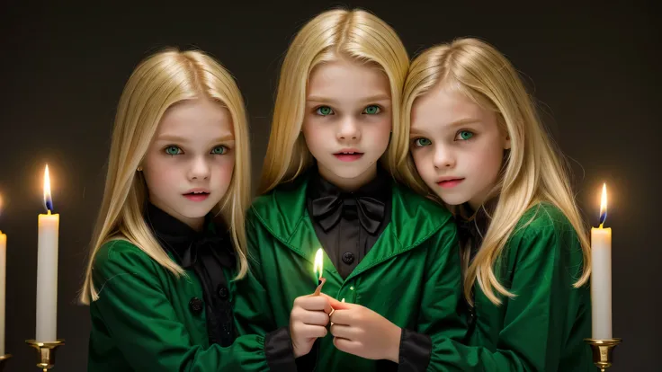 KIDS vampire blonde green clothes. and candles, green light candles.