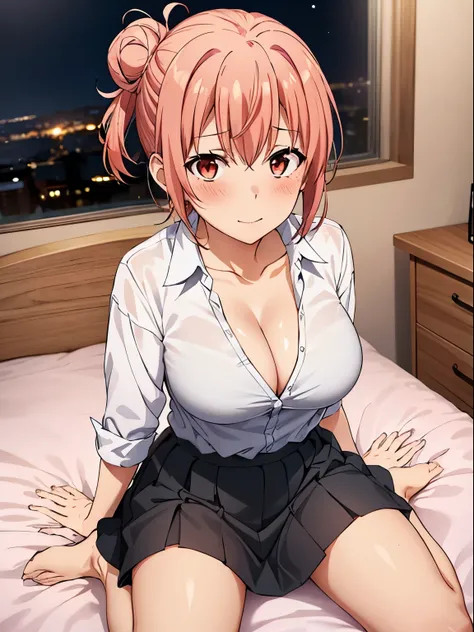 1 girl,  
yuigahama yui, pink hair, hair bun, short hair, 

(8K, Top quality, muste piece)

white collared shirt, 
black micro skirt, 
embarrassed, blush, 
sitting on bed, wariza
cleavage, (big breasts), sfw, 

night view, 
pov, from above, 