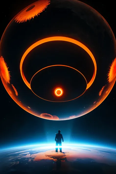 A futuristic sphere in the center of the screen,background is black,Orange light beams radiate outwards from the screen.