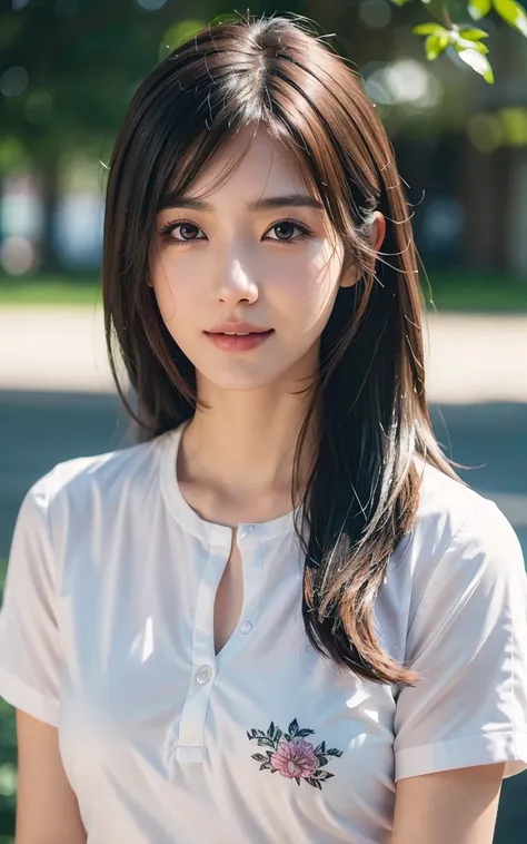 upper body、look away、a Japanese pretty girl, Gentle face、hyper cute face、shiny lips、Double eyelids in both eyes、Natural makeup, smile, long eyelashes light, Medium Hair, Smooth Light Brown Hair、Hair swaying in the wind, bangs、image in center、8K、high detail...