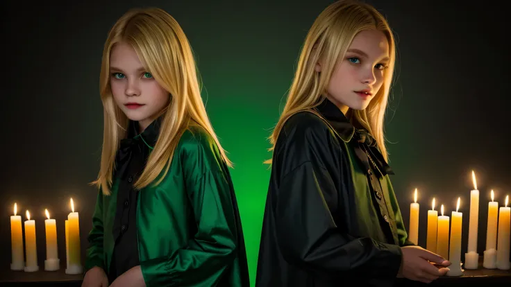 KIDS vampire blonde green clothes. and candles, green light candles., banished of sin