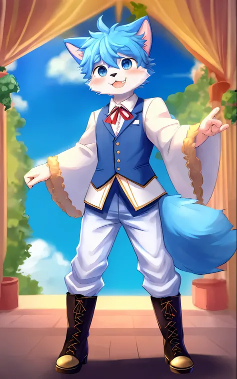 Niji, (1 boy:1.4), (JW 3), cat boy, (furry:1.5),(cub), hyper cute face, Light blue feathers, body hair, (dense:0.5), (full body:1.1),perfect light，（Masterpiece），（Extremely meticulous），god&#39;s eyes，Blush，white clothes，looking at the audience，single，trouse...