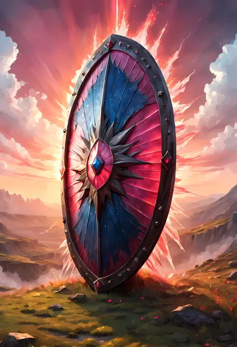 fantasy art, dnd art, RPG art, wide shot a picture of a massive shield standing on a grassy hilltop, the sun rises behind the shield, the sky is red and blue and pink, its dawn  