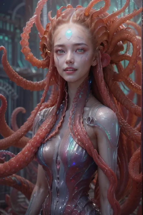 (1 beautiful and obscene female alien:1.4), (There is a female genital-like organ in the middle of her forehead:1.95), SHe has medusa-like hair, (there are lots of translucent tentacles from her head like her hair:1.8), (vulgarity1.7), (she is looking at v...