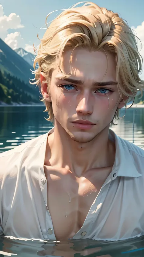 ((best quality)), ((masterpiece)), (detailed), perfect face, blond hair, Man1, Drowning, I can&#39;t swim, dying, sink in water, amazing, wearing a white shirt, crying sound,
Lake Background,