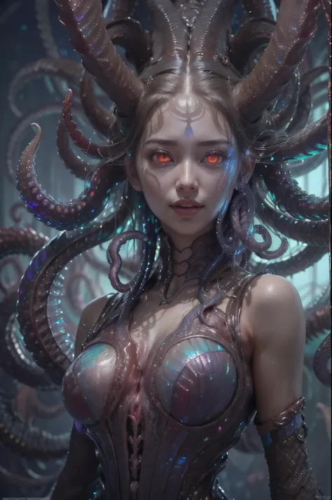 (1 beautiful and obscene female alien:1.4), (There is a female genital-like organ in the middle of her forehead:1.95), SHe has medusa-like hair, (there are lots of translucent tentacles from her head like her hair:1.8), (vulgarity1.7), (she is looking at v...