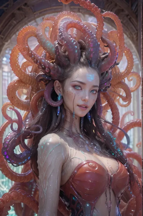 (1 beautiful and obscene female alien:1.4), (There is a female genital-like organ in the middle of her forehead:1.95), SHe has medusa-like hair, (there are lots of translucent tentacles from her head like her hair:1.8), (vulgarity1.7), (she is looking at v...