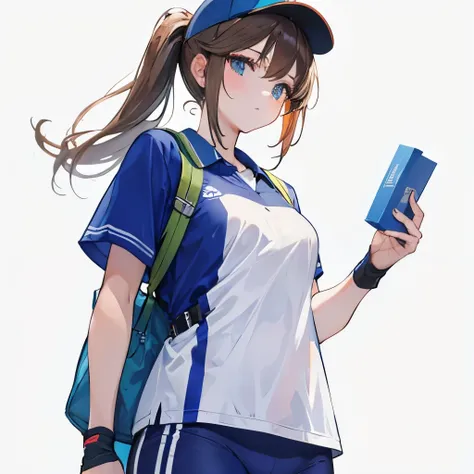 A girl in a sports uniform with a cap and a package in her hands