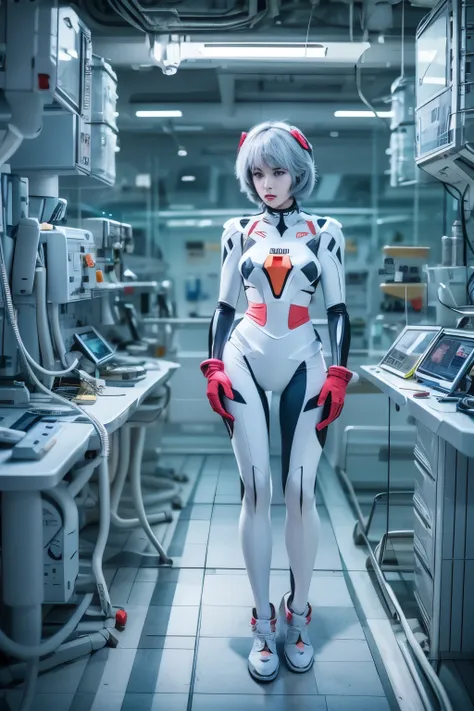 the full body portrait of rei ayanami from neon genesis evangelion, inside the nerv lab with lots of scientists, detailed scene,...