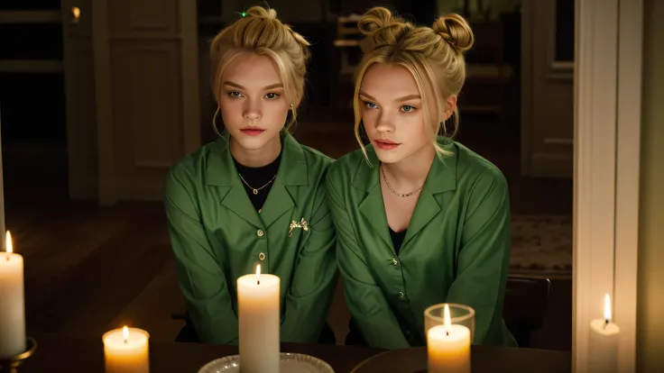 KIDS vampire blonde HAIR BUN green clothes. and candles, green light candles., banished of sin