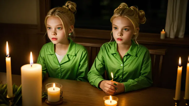 KIDS GIRL vampire blonde HAIR BUN green clothes. and candles, green light candles., banished of sin