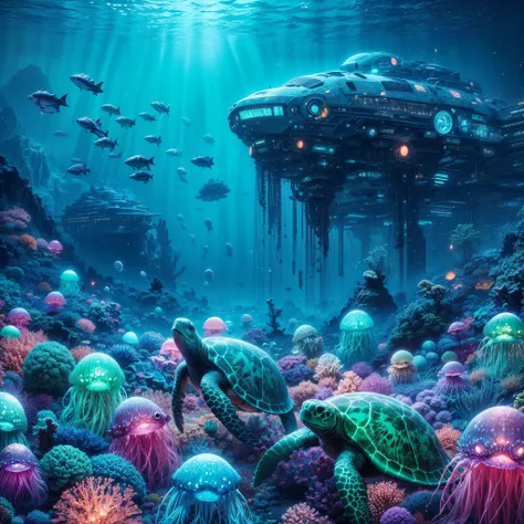 midjourney style, a majestic underwater scene, alien landscape, deep underwater, bioluminescen Corals, a high technology civilization, futuristic alien architecture,alien high tech submarine, bunch of colorful hybrid fish, mutant shiny marine life, glowing...