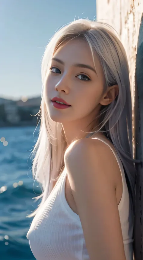 1 girl, (Wear a sexy white t-shirt and blue shorts),(big breasts)((role play)),(( long white hair)),white hair, (perfect face),(perfect fingers),(Perfect blue eyes),(red lips),(Perfect body),masterpiece,actual,Very detailed, high resolution, 8k, (Close-up ...