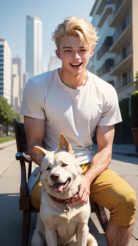 ((best quality)), ((masterpiece)), (detailed), perfect face, blond hair, Man1, 19 years old, amazing, laugh, Wearing a white t-shirt, sit with dog, city background, 