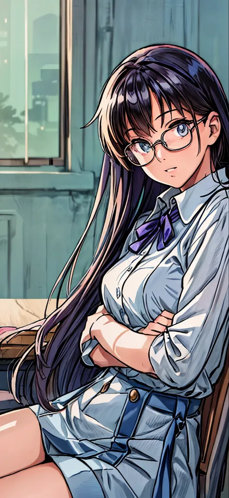 (highest quality,4K,8K,High resolution,table top:1.2), super detailed, (realistic,photorealistic,photo-realistic:1.37), background:school classroom,Taking classes,looking away,sitting in a chair,resting left elbow on desk,Glasses Girl, Unfortunate,((black ...