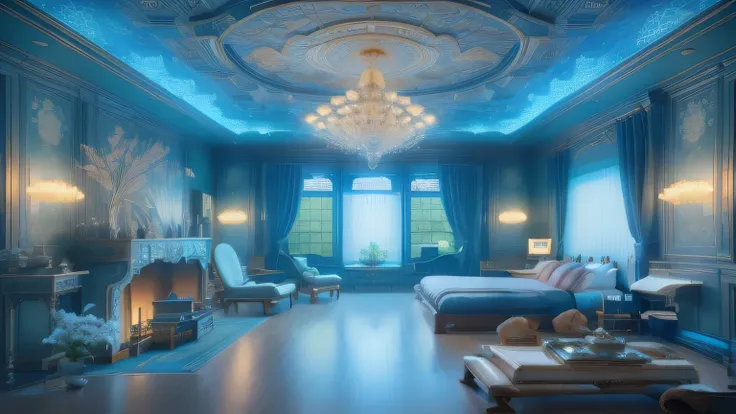 arafed room with a bed, lamps, and a large screen, japonisme 3 d 8 k ultra detailed, beautiful render of tang dynasty, rendered in unreal engine 5, akihiko yoshida. unreal engine, dreamy atmosphere and drama, rendered in unreal engine 6, detailed unreal en...