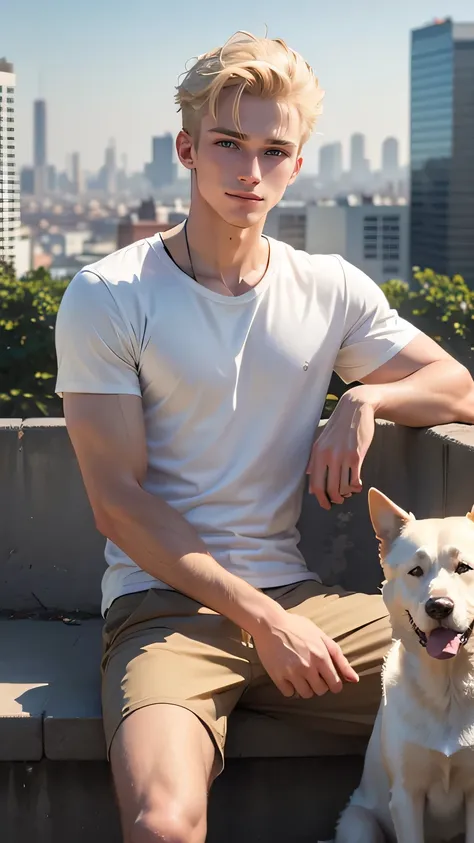 ((best quality)), ((masterpiece)), (detailed), perfect face, blond hair, Man1, 18 years old, amazing, a little smile, Wearing a white t-shirt, sit with dog, city background, 