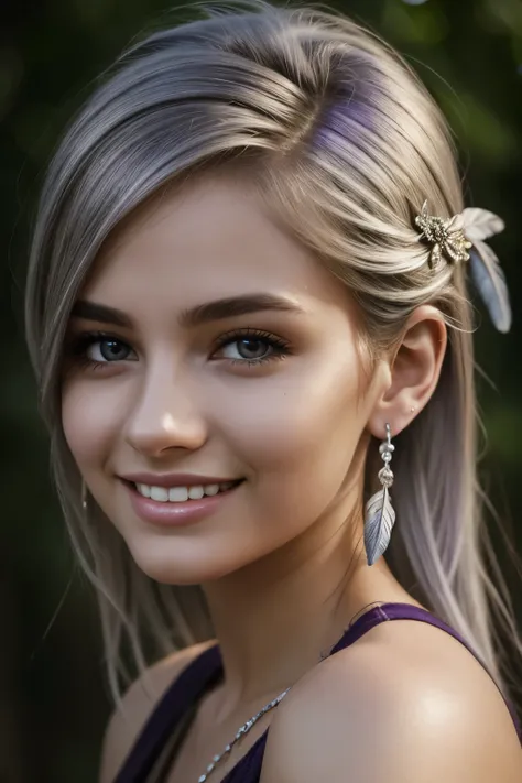 UHD, masterpiece, textured skin, super detailed, high quality, award wining, best quality, en plein air, cinematic lighting, silver hair, feather hair ornament, purple eyes, earrings, light smile, high school girl