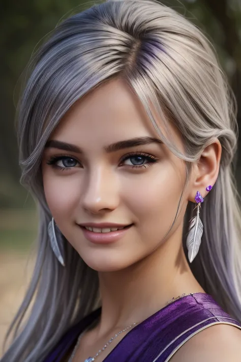 UHD, masterpiece, textured skin, super detailed, high quality, award wining, best quality, en plein air, cinematic lighting, silver hair, feather hair ornament, purple eyes, earrings, light smile, high school girl