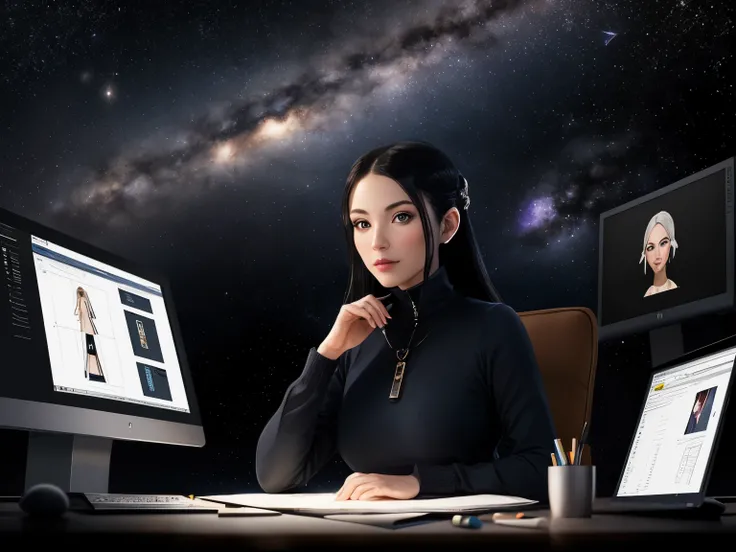 create a masterful meisterwerk of a woman designing avatar models on the pc she is focus in working while being , the background is the milkyway in the galaxy that u can see 