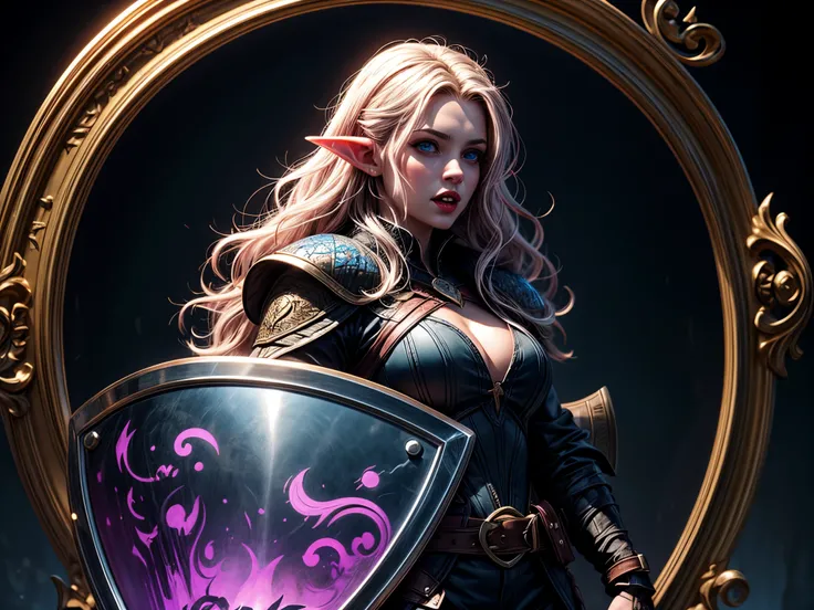 fantasy art, dnd art, RPG art, wide shot a picture of a (shield: 1.5) with a beautiful female vampire elf, blood dripping, vampiric fangs, with a long curvy hair, light color hair, blue eyes, high details, best quality, 16k, [ultra detailed], masterpiece, ...