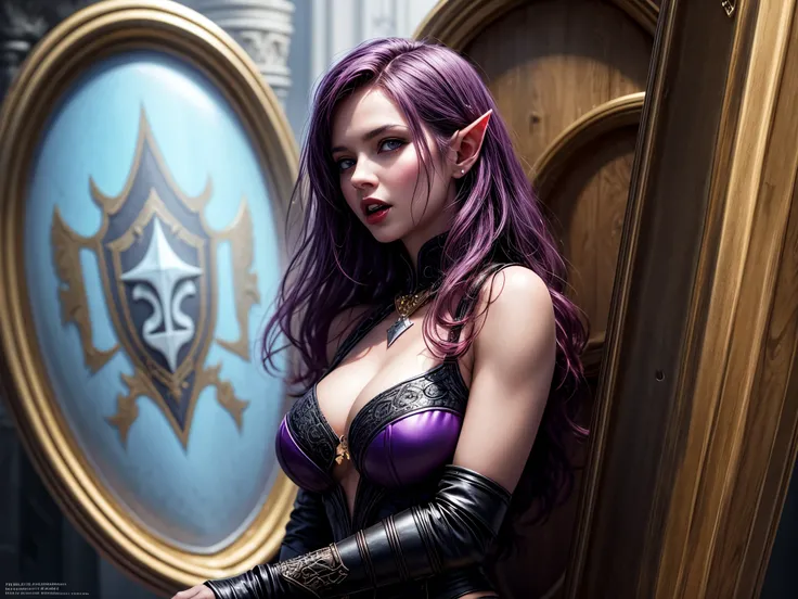 fantasy art, dnd art, RPG art, wide shot a picture of a (shield: 1.5) with a beautiful female vampire elf, blood dripping, vampiric fangs, with a long curvy hair, light color hair, blue eyes, high details, best quality, 16k, [ultra detailed], masterpiece, ...