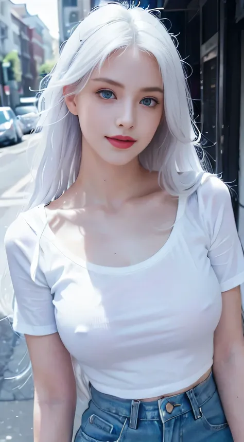 1 girl, (Wear a sexy white t-shirt and blue shorts),(big breasts)((role play)),(( long white hair)),white hair, (perfect face),(perfect fingers),(Perfect blue eyes),(red lips),(Perfect body),masterpiece,actual,Very detailed, high resolution, 8k, (Close-up ...