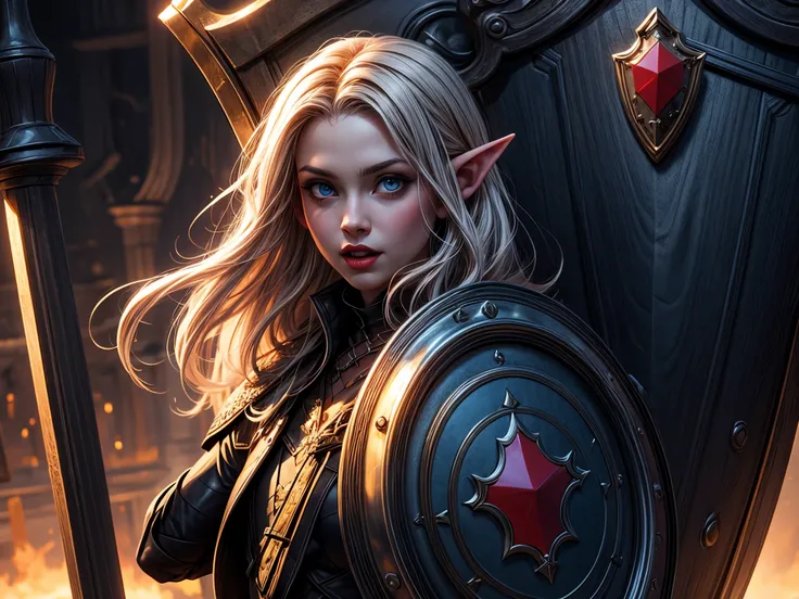 fantasy art, dnd art, RPG art, wide shot a picture of a (1shield: 1.5) with a beautiful female vampire elf, blood dripping, vampiric fangs, with a long curvy hair, light color hair, blue eyes, high details, best quality, 16k, [ultra detailed], masterpiece,...