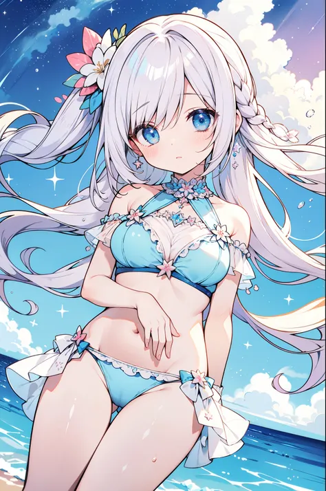 （masterpiece）、(highest quality)、((Super detailed))、(super delicate)、Cute naughty swimsuit idol、Pastel colors hair、beautiful breasts、Thighs、Gorgeous、Fantastic starry sky、beautiful sea、Wet and see-through