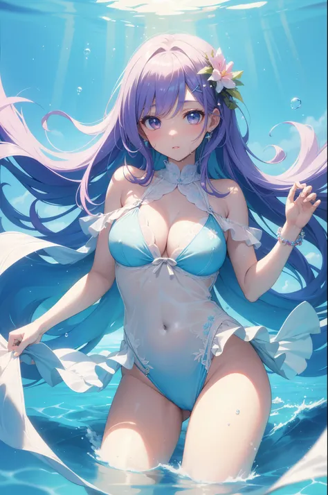 （masterpiece）、(highest quality)、((Super detailed))、(super delicate)、Cute naughty swimsuit idol、Pastel colors hair、beautiful breasts、Thighs、Gorgeous、Fantastic underwater、Wet and see-through