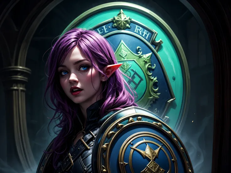 fantasy art, dnd art, RPG art, wide shot a picture of a (1soloshield: 1.5) with an image of a beautiful female vampire elf, blood dripping, vampiric fangs, with a long curvy hair, light color hair, blue eyes, high details, best quality, 16k, [ultra detaile...