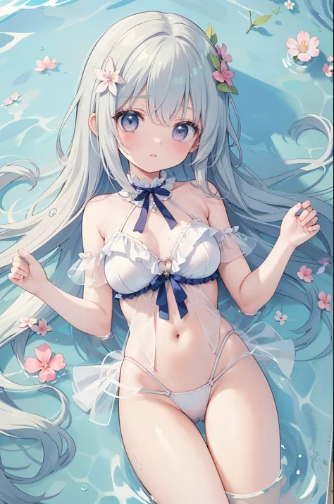 （masterpiece）、(highest quality)、((Super detailed))、(super delicate)、Cute naughty swimsuit idol、Pastel colors hair、beautiful breasts、Thighs、Gorgeous、Fantastic underwater、Wet and see-through