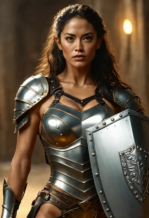 a sexy Amazon warrio holding a shield, she is wearing a seductive hip slit armour gown, (best quality,4k,highres,masterpiece:1.2),ultra-detailed,(realistic,photorealistic:1.37)