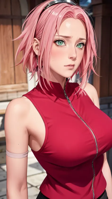 （（（short hair，pink hair，（（（danya，sakura,green eyes,bangs,forehead protector, shinobi symbol, ）））））），((masterpiece)),high resolut...