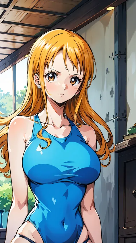 Gere uma imagem realista no estilo anime de Nami de One Piece. ( Madura) (corpo todo ) pose sexy, Capture seu visual distinto com o cabelo laranja , Long Launch , corpo todo, Athletic curvilinear, vestir