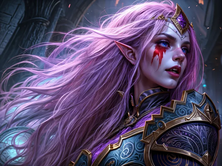 fantasy art, dnd art, RPG art, wide shot a picture of a (shield: 1.5) with a beautiful female vampire elf, blood dripping, vampiric fangs, with a long curvy hair, light color hair, blue eyes, high details, best quality, 16k, [ultra detailed], masterpiece, ...