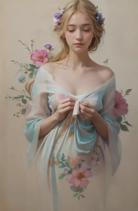 1girls,floral, lycianthus ,in light pink and light blue styles..., dreamy and romantic composition..., dripping flowers on her f...