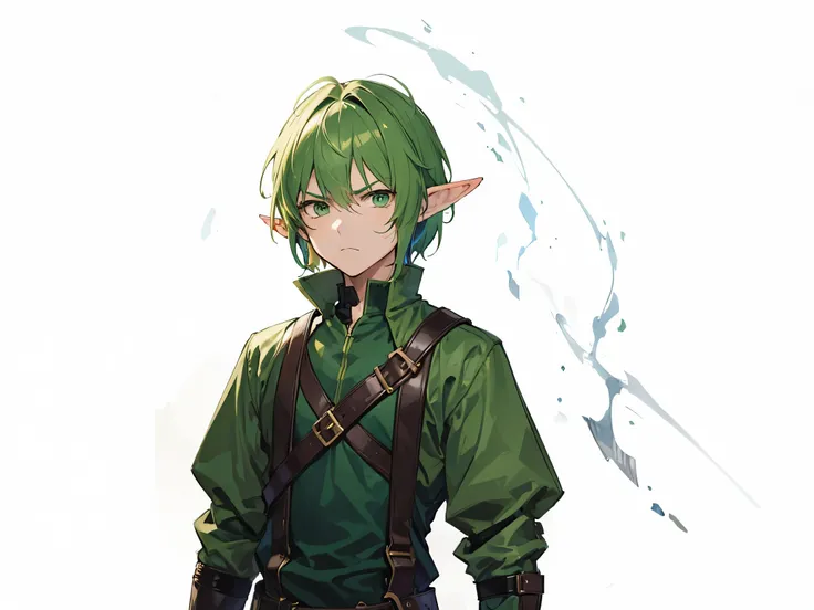 1boy,green hair, adventurers brown shoes, holding a weapon, elf tribe, elf ears, mans frowning face, high resolution, high lighting , Cell sharing, standing pose, sullen facial expression , yandere