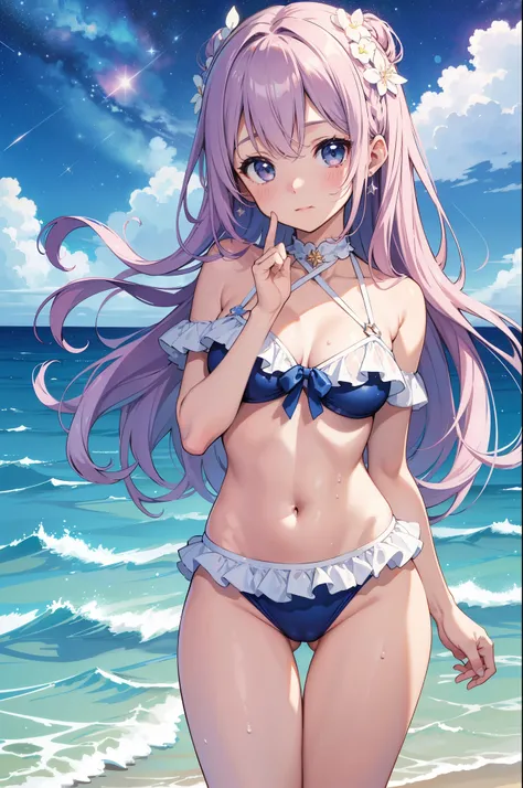 （masterpiece）、(highest quality)、((Super detailed))、(super delicate)、Cute naughty swimsuit idol、Pastel colors hair、beautiful breasts、Thighs、Gorgeous、Fantastic starry sky、beautiful sea、Wet and see-through