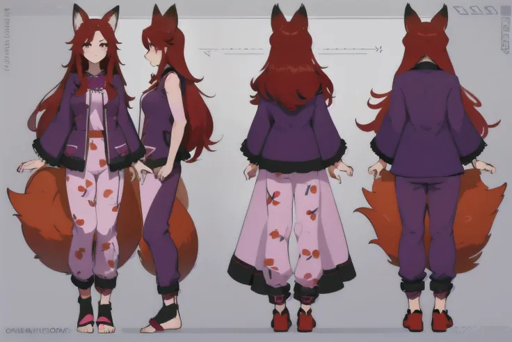 ((girl with red fox ears)), ((long red hair)), ((purple eyes)), ((big )), ((full body)), ((pijamas)), ((character template in all angles))