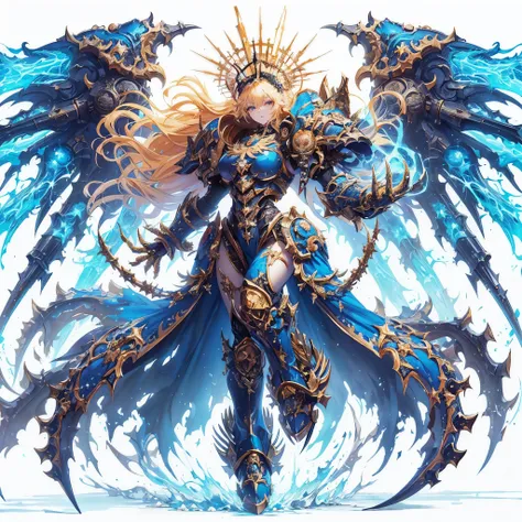 Masterpiece, best quality, ultra-detailed, anime style, full body of Chaos Demon Primark girl, sinister and ominous aura, luxurious ultra blue power armor, both arms as GIANT HUGE claws, majestically crowned, shining gold hair, high-heeled boots, Warhammer...