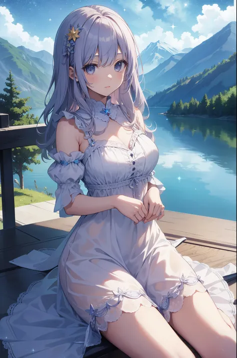 （masterpiece）、(highest quality)、((Super detailed))、(super delicate)、Idol in naughty night dress、Pastel colors hair、beautiful breasts、Thighs、Gorgeous、lake with mountain view、Fantastic starry sky