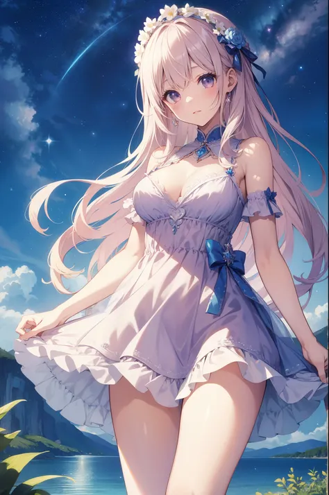 （masterpiece）、(highest quality)、((Super detailed))、(super delicate)、Idol in naughty night dress、Pastel colors hair、beautiful breasts、Thighs、Gorgeous、lake with mountain view、Fantastic starry sky