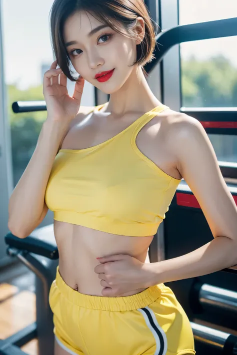 Best quality, 4k, 8k, side detailed face, clear face, pretty girl, Korean makeup, red lips, smile, eyes looking into the distance, perfect body, shoulder length straight short hair, huge breasts, thighs, slim, Thin, girl wears yellow short clothes, shorts,...