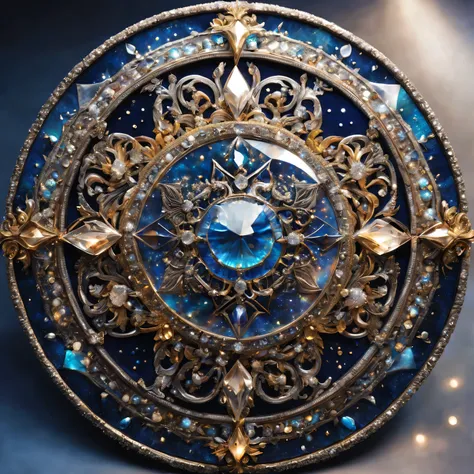 best quality，（fidelity：1.37），Super fine，The legendary magic diamond shield，sparkling in the starry night，Glittery silver and gold finish，Decorated with intricate zodiac carvings，A masterpiece of art and craftsmanship，full of cosmic power，Surface studded wi...