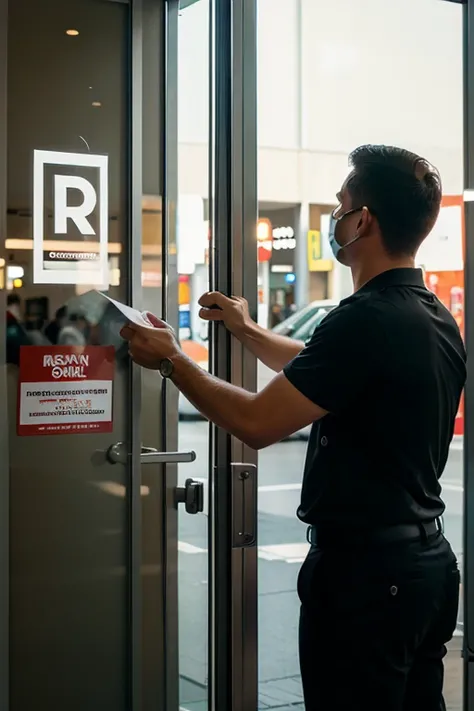 homem profissional colocando adesivo perfurado na vitrine da loja comercial no shopping